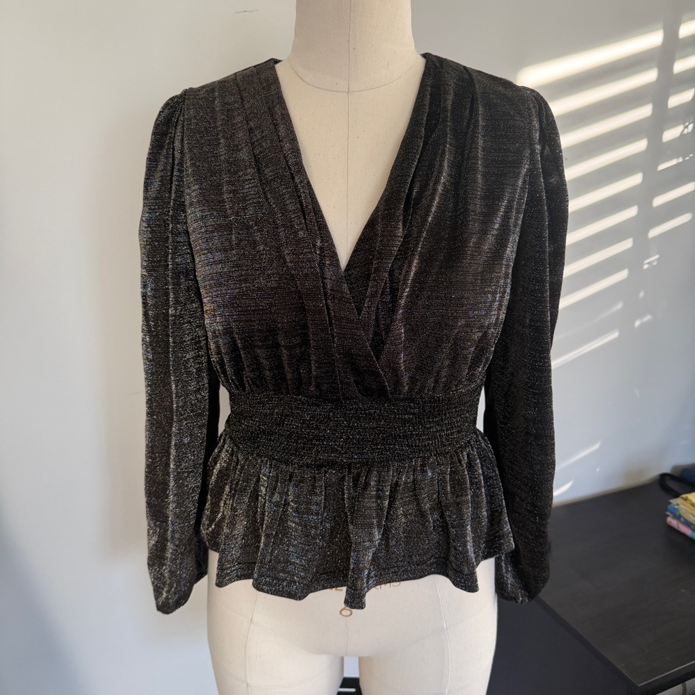 LE SOIR par MOLLY BRACKEN Peplum Gold/Silver Flecked Long Sleeve Women's Top S